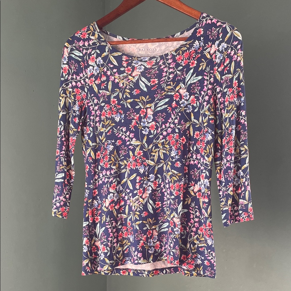 Talbots Navy Floral Long Sleeve Top